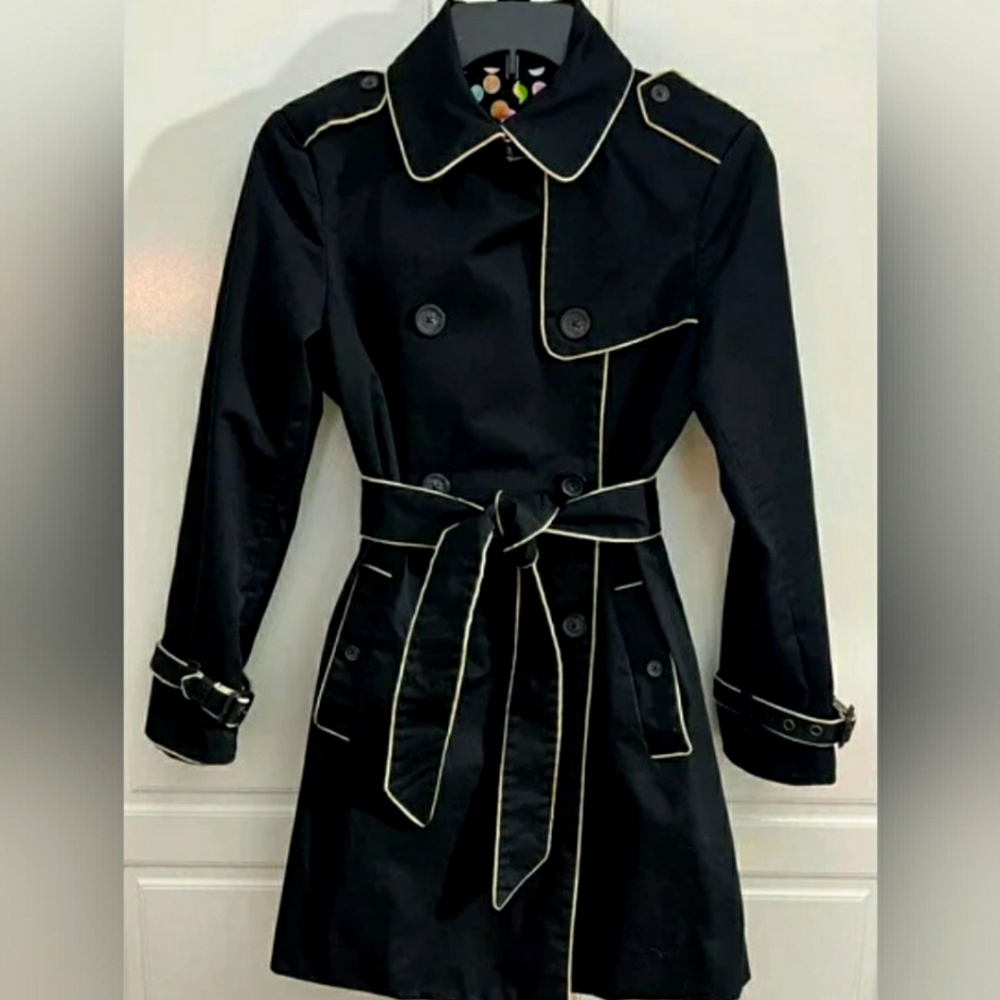 GAP Vintage Y2K Double Breasted Black Tan Piping Belted Cotton Trench Coat- L